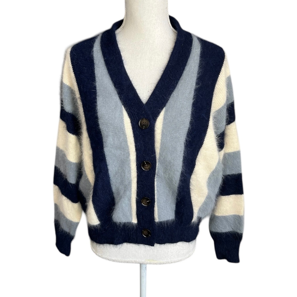 The Great. The Fluffly Slouch Cardigan In Navy Stripe Sweater New Angora Preppy